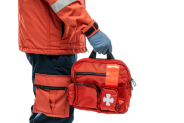 Paramedic ready for action with a medical bag on a bright, attention-grabbing backdrop isolated on transparent background