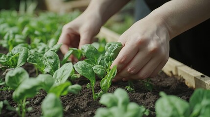 Planting healthy spinach seedlings in garden soil spring eco food farm green hands fresh rural earth