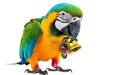 A vibrant parrot joyfully plays with a small bell in a bright indoor setting capturing attention isolated on transparent background