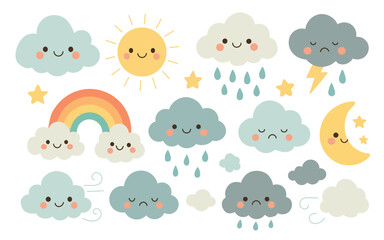 Cute weather elements with smiling sun, clouds, thunder, and raindrops in pastel colors, ideal for climate, mood, or seasonal content.