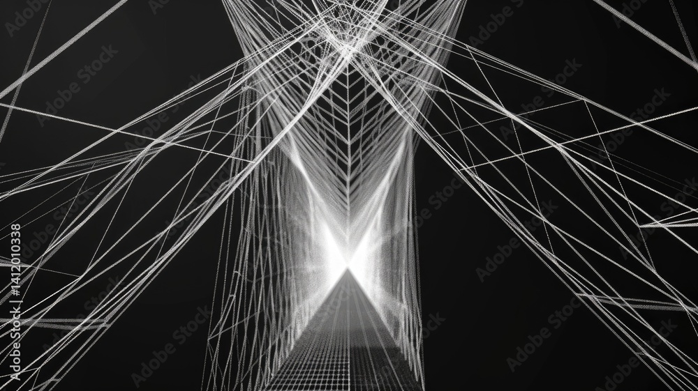Poster a striking geometric structure features thin, angled lines converging toward light, creating a moder