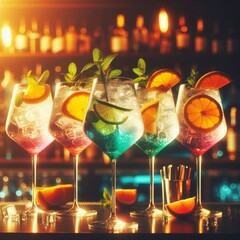 Five colorful gin tonic cocktails stand on bar counter. Alcoholic drinks in wine glasses. Refreshing beverage, orange slices, ice cubes, mint leaves.