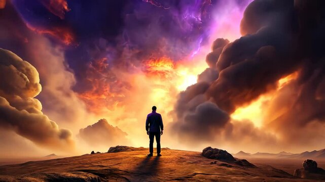 Witnessing the celestial dance A solitary observer captivated by the symphony of light and clouds