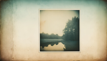 Vintage photo of a serene landscape.  Misty morning by a tranquil lake