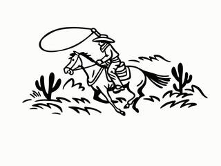 Hand drawn vintage western cowboy riding horse and lassoing