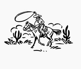 Hand drawn vintage western cowboy riding horse and lassoing