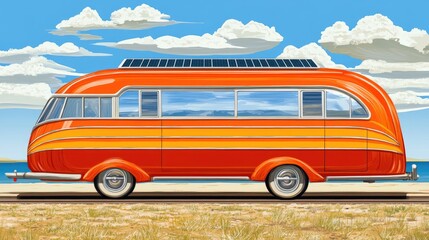 Retro orange camper van on a sunny beach.
