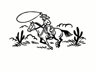 Hand drawn vintage western cowboy riding horse and lassoing