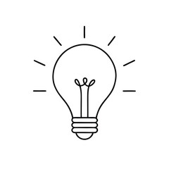 A minimalistic line art of a glowing light bulb, showing simple electrical connections. Isolated on a white background 