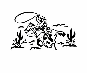 Hand drawn vintage western cowboy riding horse and lassoing