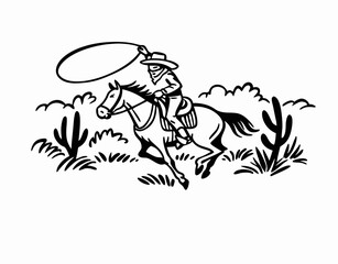 Hand drawn vintage western cowboy riding horse and lassoing