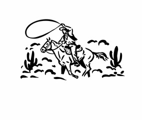 Hand drawn vintage western cowboy riding horse and lassoing