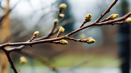 Thin tree branches close up â€“ details of young branches covered with small buds. 