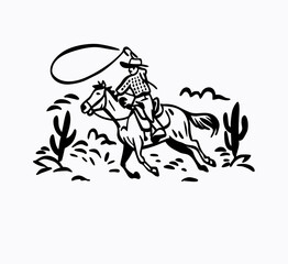 Hand drawn vintage western cowboy riding horse and lassoing