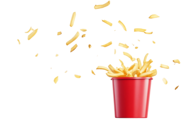 French fries flying out of a red container.