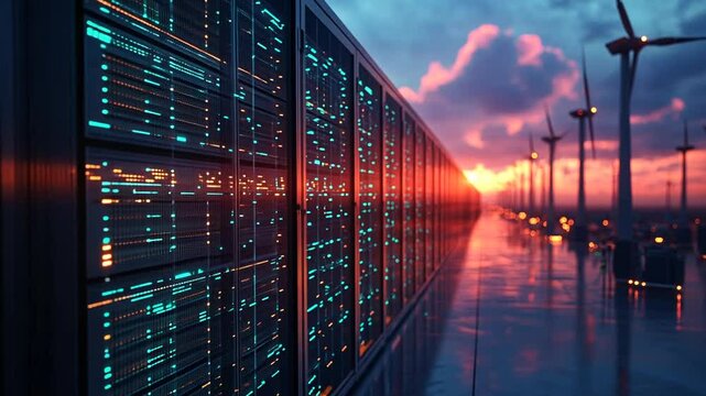 Data center with Wind Turbines against sunset, a concept of sustainable technology - Powered by Adobe
