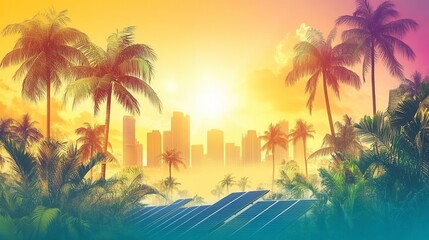 Fototapeta premium Warm sunset over a cityscape, viewed through lush palm trees. Vibrant oranges and yellows dominate the sky.