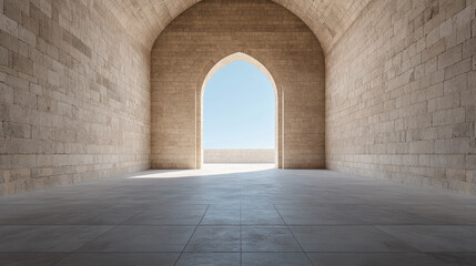 serene archway leads to bright outdoor space, showcasing elegant stone walls and clear sky