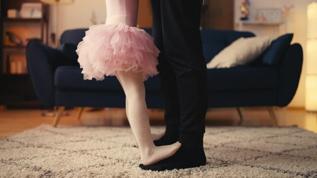 Close-up of little girl in tutu dress walking while standing on father's feet