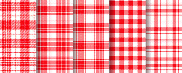 Plaid background. Check seamless pattern. Red white textures. Vichy gingham tablecloth. Set checkered kitchen prints. Table cloth tartan backdrop. Picnic retro textile wallpaper. Vector illustration.