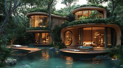 Obraz premium Luxurious Ecofriendly Treehouse Villas Nestled In Lush Tropical Forest Photo