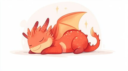 Adorable orange dragon napping on a white background, pixel art style.