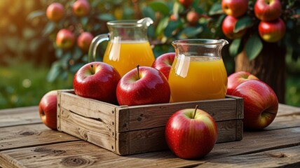 Fresh apple juice in glass pitchers on wooden table. Box of red apples with ripe, juicy fruits. Healthy summer beverage in garden.