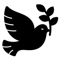 Pigeon bird with leaf solid icon, peace concept. Vector graphics. Dove bird with bunch of leaves sign on white background, glyph style mobile or design.