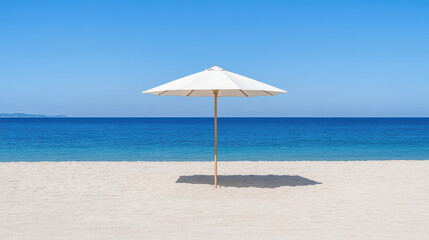 serene beach scene featuring white umbrella casting shadow on sandy shore under clear blue sky