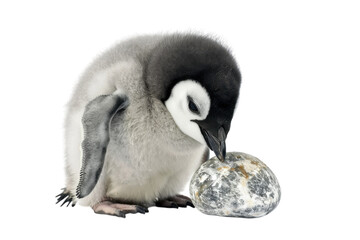 Curious penguin chick investigates a stone in a bright white setting during its playful exploration isolated on transparent background