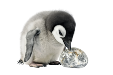 Curious penguin chick investigates a stone in a bright white setting during its playful exploration isolated on transparent background