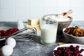 Easter cake ingredients on concrete background