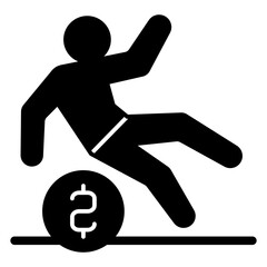 Man slipped on coin solid icon, financial problem concept. Vector graphics. Human with coin, slippery sign on white background, glyph style mobile or design.