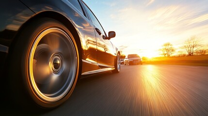 Golden sunset over a highway with blurred traffic, evoking movement and serenity in the fading light.
