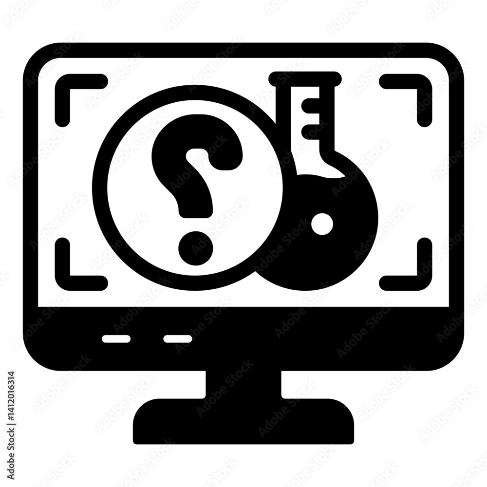 Poster monitor screen with question mark and flask solid icon, clinical research concept. vector graphics. 