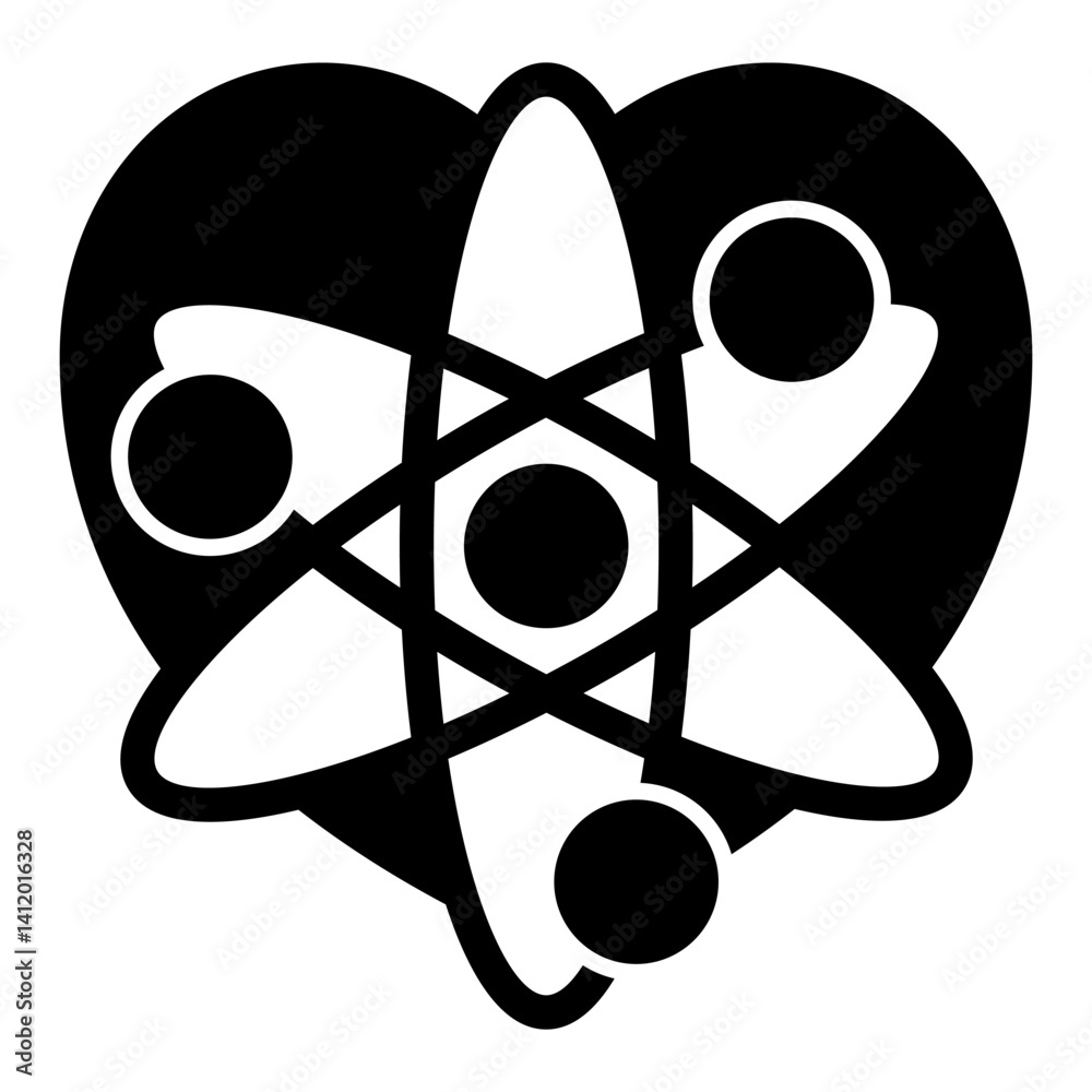 Poster heart shape with atom structure solid icon, laboratory experiment concept. vector graphics. chemistr