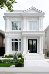 Classic design, symmetrical facade, white paint, large windows, manicured lawn - property building elegant