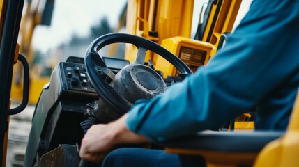 Heavy equipment operator maneuvering excavator controls. Featuring precision and focus