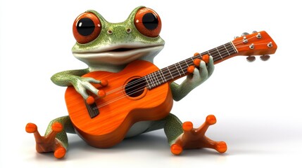 Obraz premium Playful green frog with big eyes playing an orange ukulele against a white background