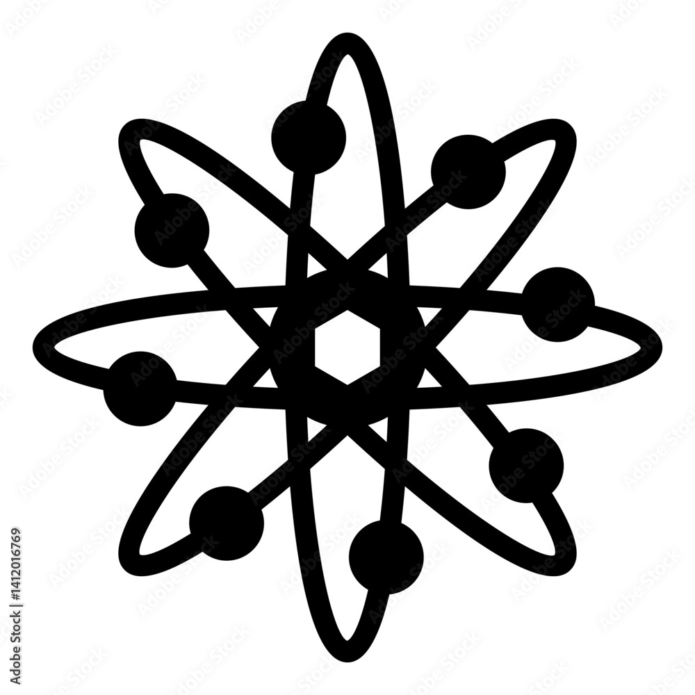 Poster atom solid icon, physics science concept. vector graphics. orbits around atom structure sign on whit