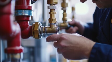 Inspector testing fire suppression sprinklers in a commercial building. Featuring safety and compliance