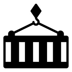 Cargo container on crane hook solid icon, shipping concept. Vector graphics. Large steel container box sign on white background, glyph style mobile or design.