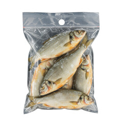 Frozen fish preserved and stored in a plastic freezer bag - isolated on white