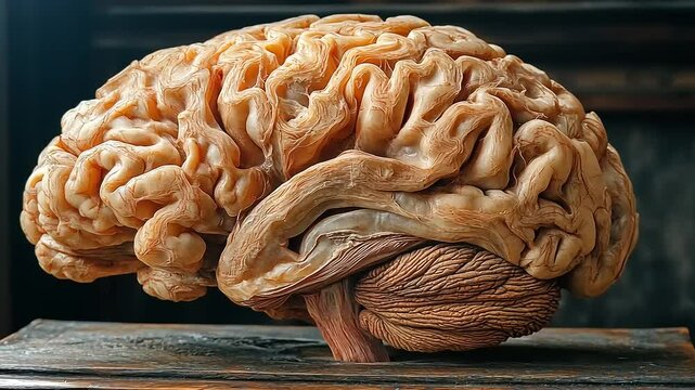 Detailed view of a human brain on a wooden surface