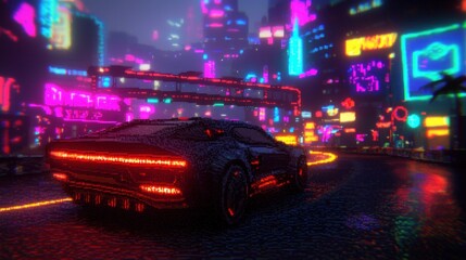 Fototapeta premium Cyberpunk car in neon city; driving at night; futuristic cityscape; poster