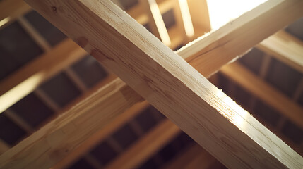 Carpenter framing wooden beams for a new residential roof structure. Featuring traditional woodworking