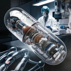 The pill, as a means of delivering nanorobots to the human body, lies next to other simple pills with medicines. The pill shows mechanisms and electronics