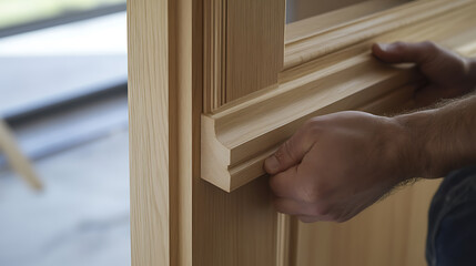 Carpenter installing a wooden door frame in a living room. Featuring carpentry work