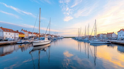 Fototapeta premium serene harbor scene featuring boats docked in calm waters under beautiful twilight sky