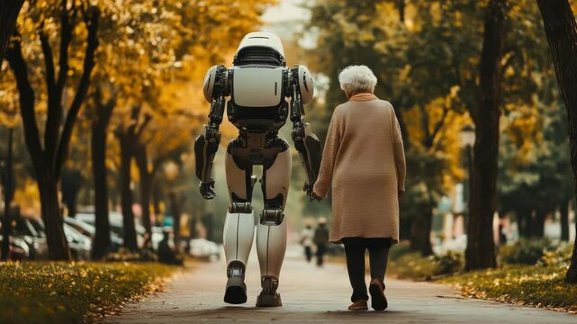 Advanced humanoid robot walking hand-in-hand with an elderly woman in an autumn park, symbolizing artificial intelligence assistance, elderly care, and the integration of robotics in daily human life